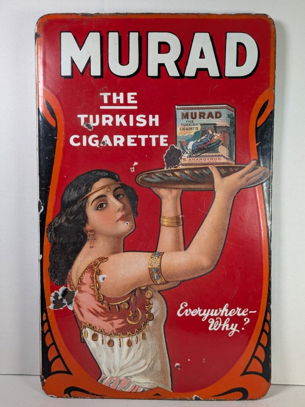 Original Antique MURAD The Turkish Cigarette Double Sided Porcelain Flange Sign